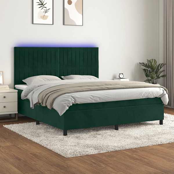 LED-valgustusega kontinentaalvoodi koos madratsiga, tumeroheline, 160 × 200 cm, samet — mudel 3136254