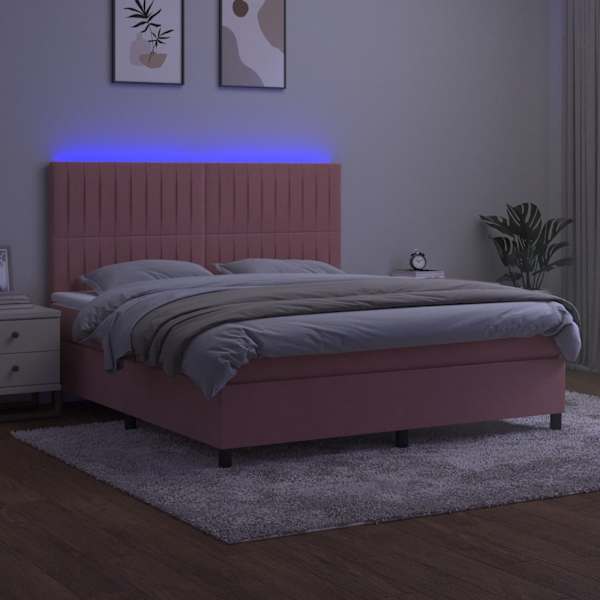 LED-valgustusega kontinentaalvoodi koos madratsiga, roosa, 160 × 200 cm, samet — mudel 3136256
