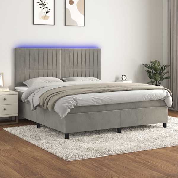 LED-valgustusega kontinentaalvoodi koos madratsiga, helehall, 180 × 200 cm, samet — mudel 3136257