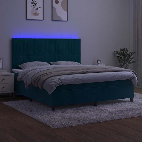 LED-valgustusega kontinentaalvoodi koos madratsiga, tumesinine, 180 × 200 cm, samet — mudel 3136261
