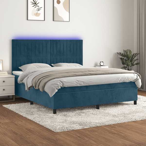 LED-valgustusega kontinentaalvoodi koos madratsiga, tumesinine, 180 × 200 cm, samet — mudel 3136261