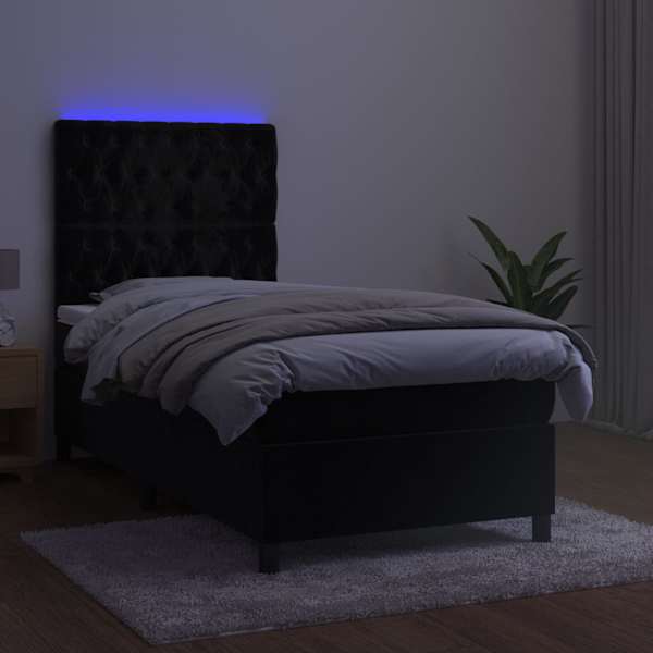 LED-valgustusega kontinentaalvoodi koos madratsiga, must, 90 × 190 cm, samet — mudel 3136277