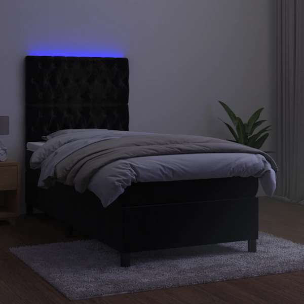 LED-valgustusega kontinentaalvoodi koos madratsiga, must, 100 × 200 cm, samet — mudel 3136289