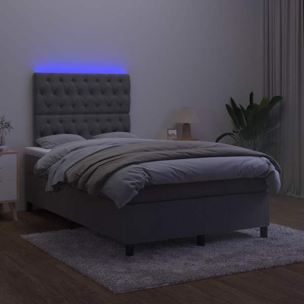 LED-valgustusega kontinentaalvoodi koos madratsiga, tumehall, 120 × 200 cm, samet — mudel 3136294