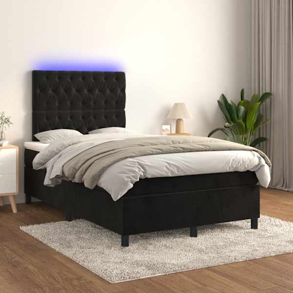 LED-valgustusega kontinentaalvoodi koos madratsiga, must, 120 × 200 cm, samet — mudel 3136295