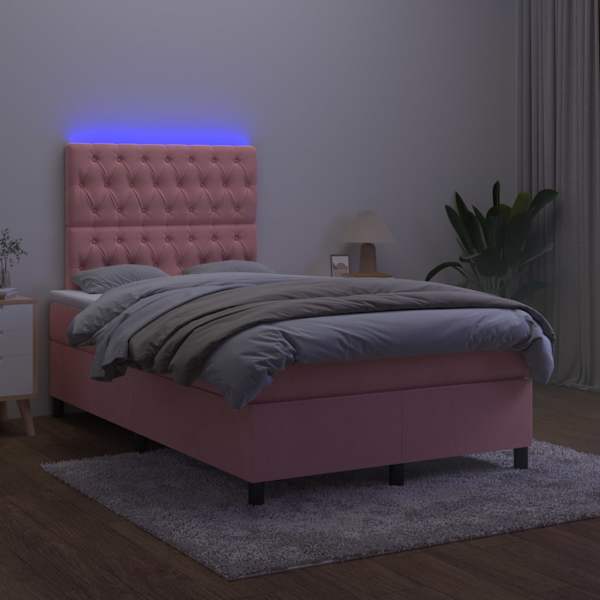 LED-valgustusega kontinentaalvoodi koos madratsiga, roosa, 120 × 200 cm, samet — mudel 3136298