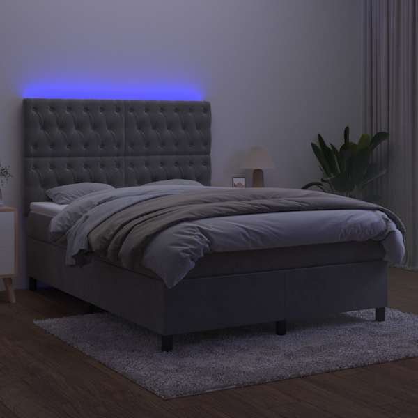 LED-valgustusega kontinentaalvoodi koos madratsiga, helehall, 140 × 190 cm, samet — mudel 3136299