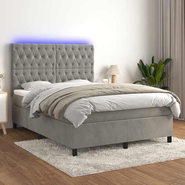 LED-valgustusega kontinentaalvoodi koos madratsiga, helehall, 140 × 190 cm, samet — mudel 3136299