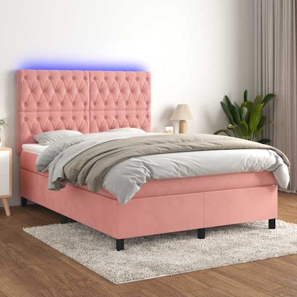LED-valgustusega kontinentaalvoodi koos madratsiga, roosa, 140 × 190 cm, samet — mudel 3136304