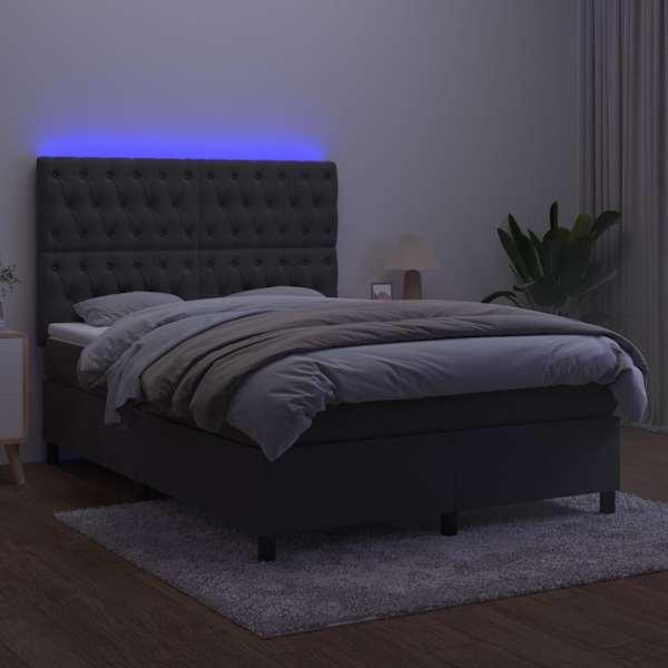 LED-valgustusega kontinentaalvoodi koos madratsiga, tumehall, 140 × 200 cm, samet — mudel 3136306
