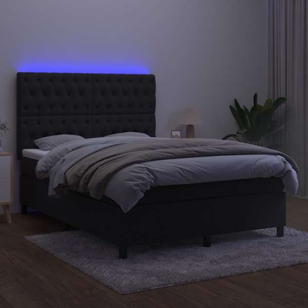 LED-valgustusega kontinentaalvoodi koos madratsiga, must, 140 × 200 cm, samet — mudel 3136307