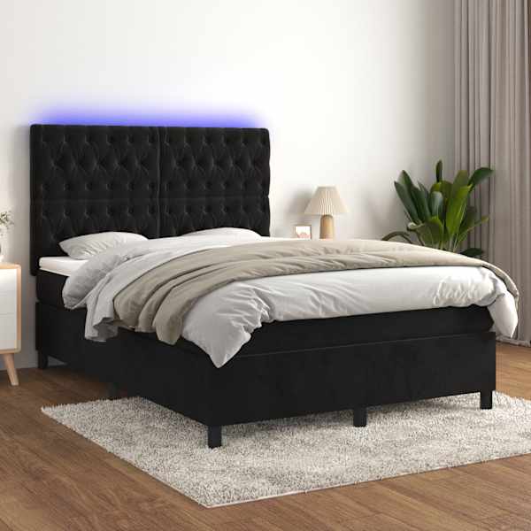 LED-valgustusega kontinentaalvoodi koos madratsiga, must, 140 × 200 cm, samet — mudel 3136307