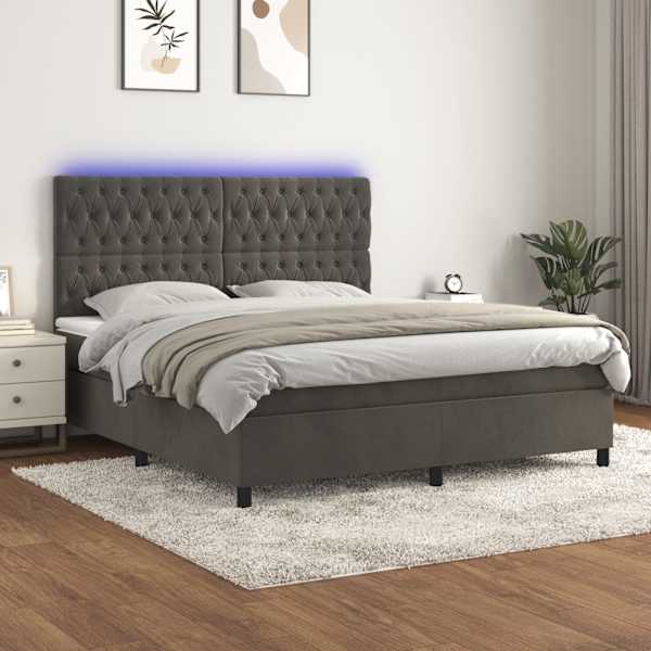 LED-valgustusega kontinentaalvoodi koos madratsiga, tumehall, 160 × 200 cm, samet — mudel 3136312