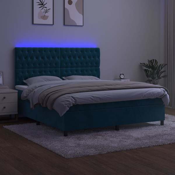 LED-valgustusega kontinentaalvoodi koos madratsiga, tumesinine, 180 × 200 cm, samet — mudel 3136321
