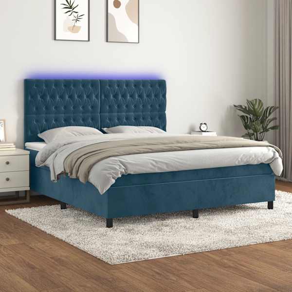 LED-valgustusega kontinentaalvoodi koos madratsiga, tumesinine, 180 × 200 cm, samet — mudel 3136321