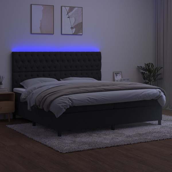 LED-valgustusega kontinentaalvoodi koos 2 madratsiga, must, 200 × 200 cm, samet — mudel 3136325