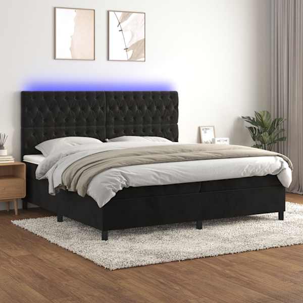 LED-valgustusega kontinentaalvoodi koos 2 madratsiga, must, 200 × 200 cm, samet — mudel 3136325