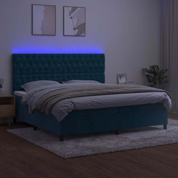 LED-valgustusega kontinentaalvoodi koos 2 madratsiga, tumesinine, 200 × 200 cm, samet — mudel 3136327