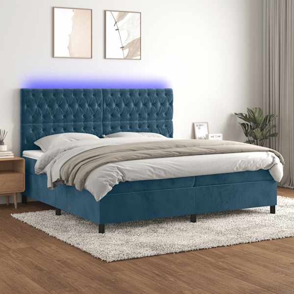 LED-valgustusega kontinentaalvoodi koos 2 madratsiga, tumesinine, 200 × 200 cm, samet — mudel 3136327
