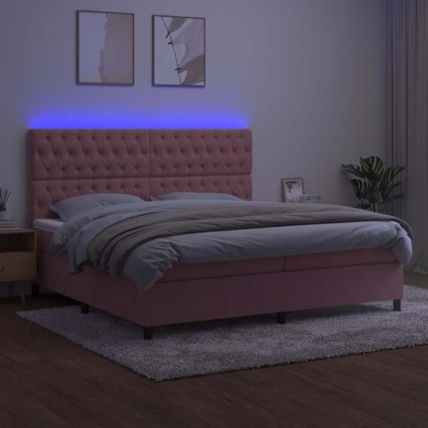 LED-valgustusega kontinentaalvoodi koos 2 madratsiga, roosa, 200 × 200 cm, samet — mudel 3136328