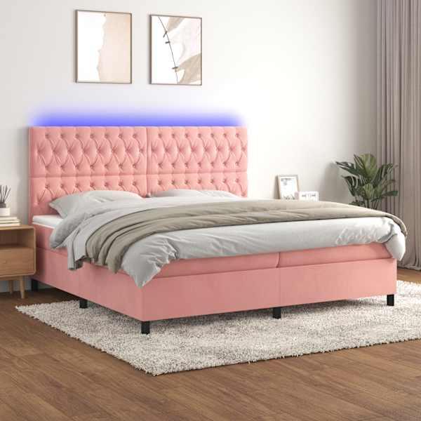 LED-valgustusega kontinentaalvoodi koos 2 madratsiga, roosa, 200 × 200 cm, samet — mudel 3136328