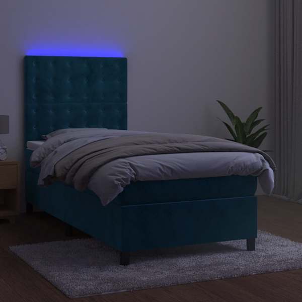 LED-valgustusega kontinentaalvoodi koos madratsiga, tumesinine, 90 × 190 cm, samet — mudel 3136339