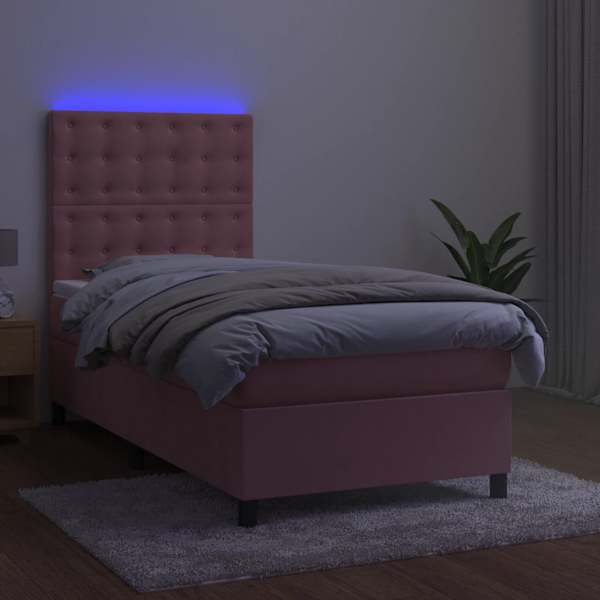 LED-valgustusega kontinentaalvoodi koos madratsiga, roosa, 90 × 190 cm, samet — mudel 3136340