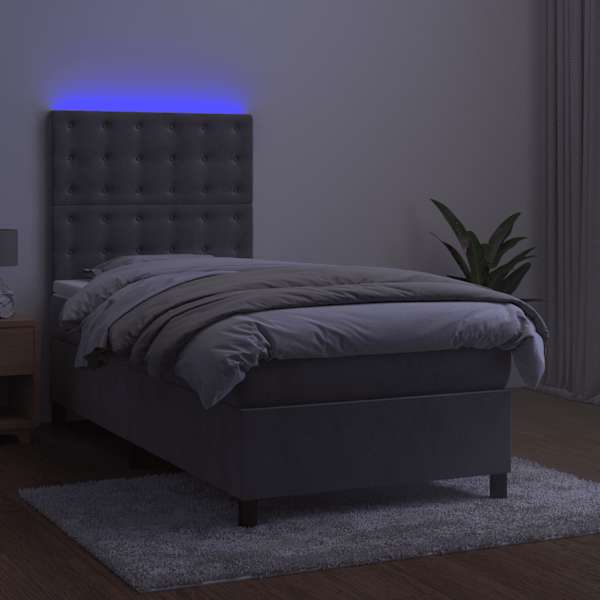LED-valgustusega kontinentaalvoodi koos madratsiga, helehall, 100 × 200 cm, samet — mudel 3136347