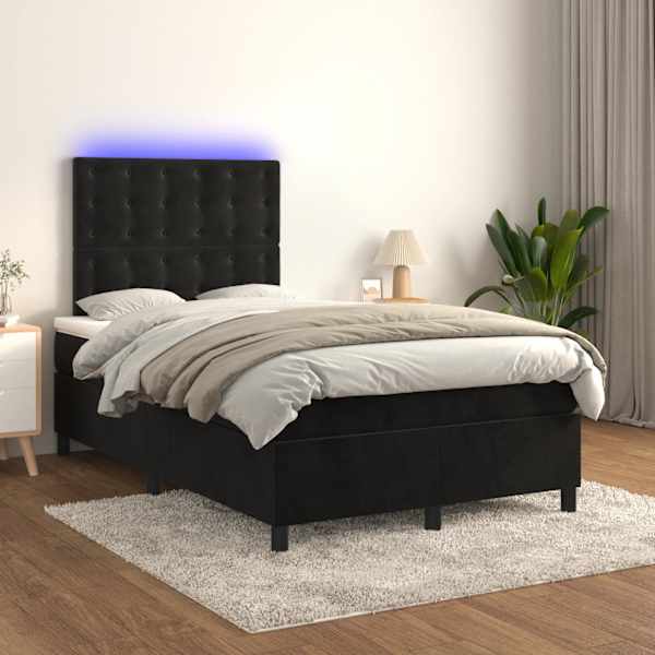 LED-valgustusega kontinentaalvoodi koos madratsiga, must, 120 × 200 cm, samet — mudel 3136355