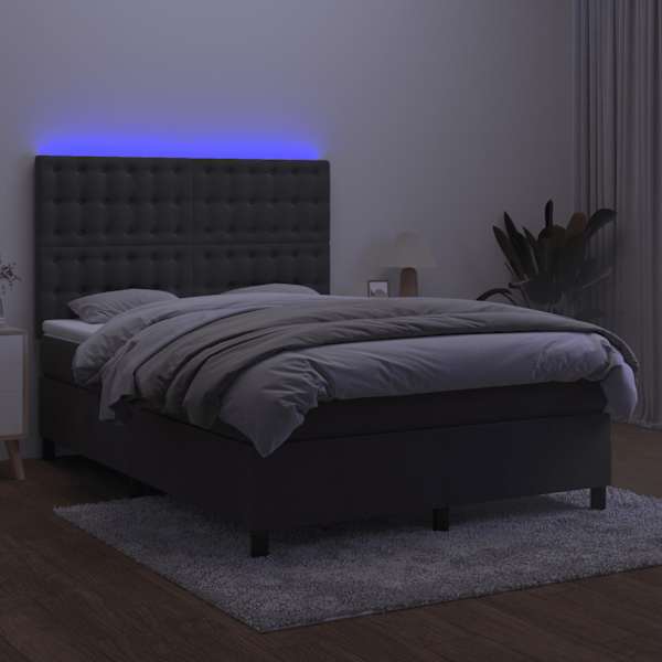 LED-valgustusega kontinentaalvoodi koos madratsiga, tumehall, 140 × 190 cm, samet — mudel 3136360