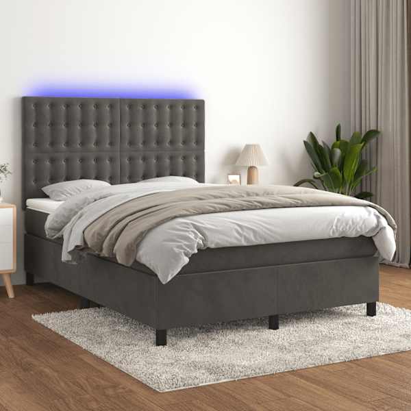 LED-valgustusega kontinentaalvoodi koos madratsiga, tumehall, 140 × 190 cm, samet — mudel 3136360