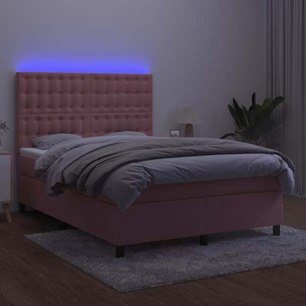 LED-valgustusega kontinentaalvoodi koos madratsiga, roosa, 140 × 190 cm, samet — mudel 3136364