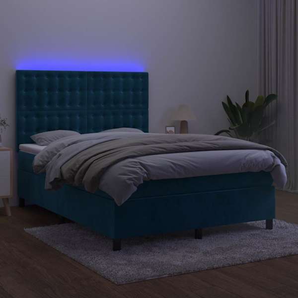 LED-valgustusega kontinentaalvoodi koos madratsiga, tumesinine, 140 × 200 cm, samet — mudel 3136369