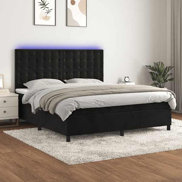 LED-valgustusega kontinentaalvoodi koos madratsiga, must, 160 × 200 cm, samet — mudel 3136373