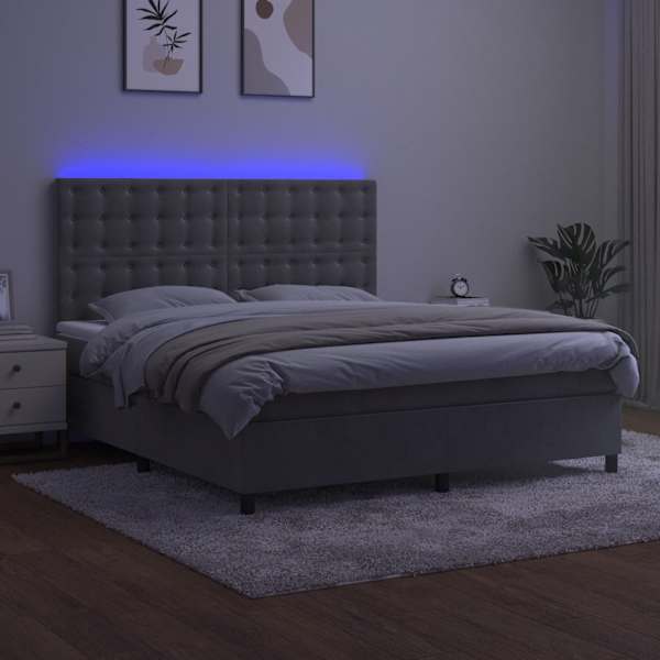 LED-valgustusega kontinentaalvoodi koos madratsiga, helehall, 180 × 200 cm, samet — mudel 3136377