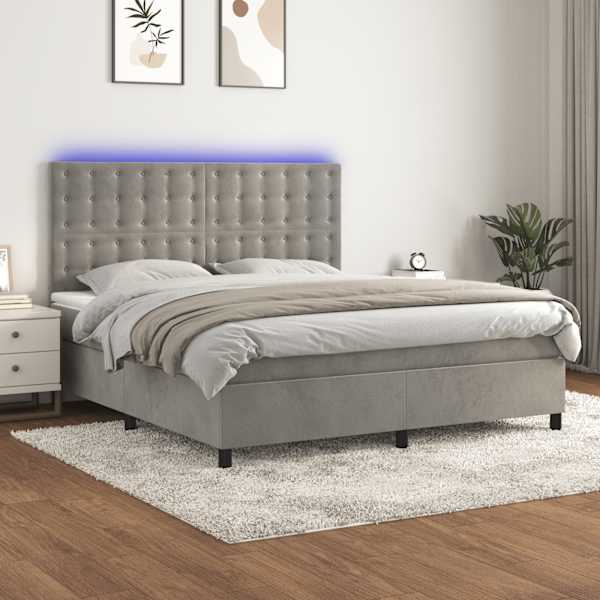 LED-valgustusega kontinentaalvoodi koos madratsiga, helehall, 180 × 200 cm, samet — mudel 3136377