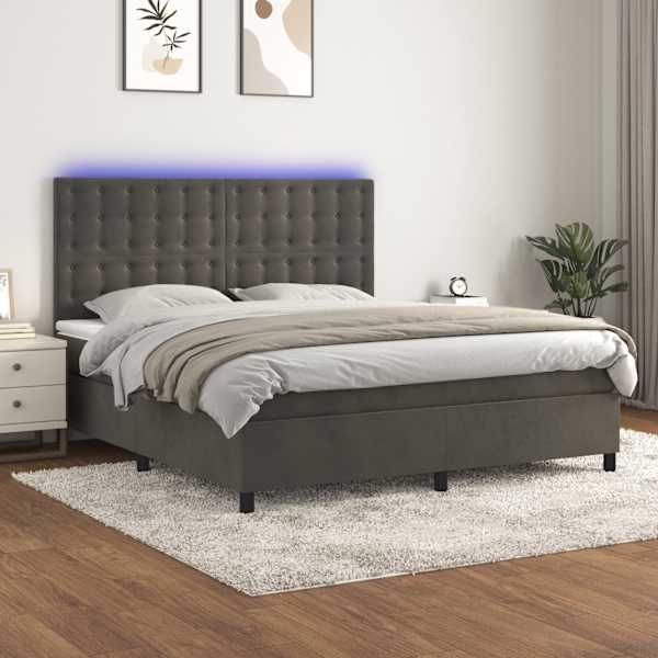 LED-valgustusega kontinentaalvoodi koos madratsiga, tumehall, 180 × 200 cm, samet — mudel 3136378