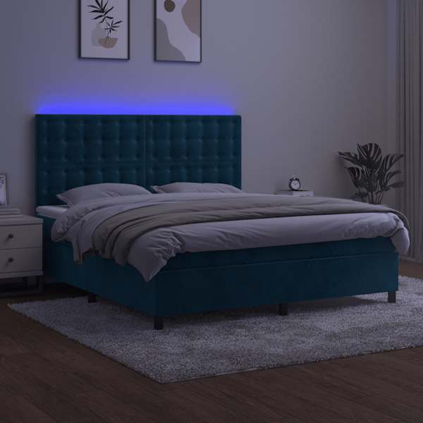 LED-valgustusega kontinentaalvoodi koos madratsiga, tumesinine, 180 × 200 cm, samet — mudel 3136381