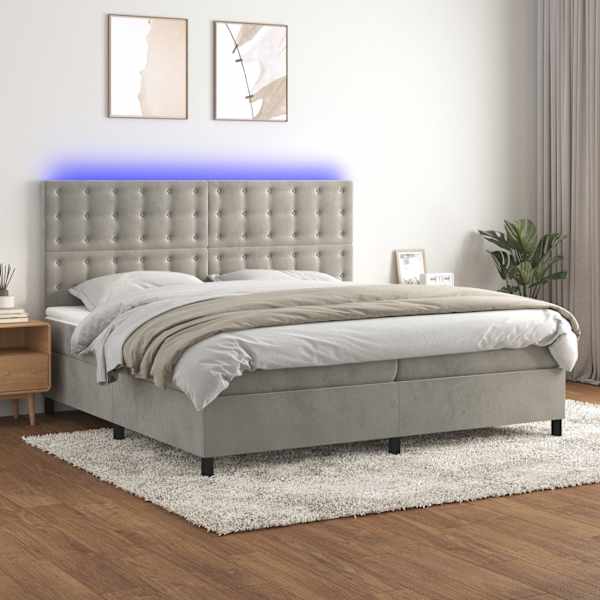 LED-valgustusega kontinentaalvoodi koos 2 madratsiga, helehall, 200 × 200 cm, samet — mudel 3136383