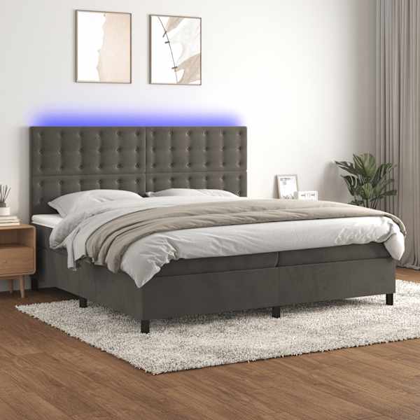 LED-valgustusega kontinentaalvoodi koos 2 madratsiga, tumehall, 200 × 200 cm, samet — mudel 3136384