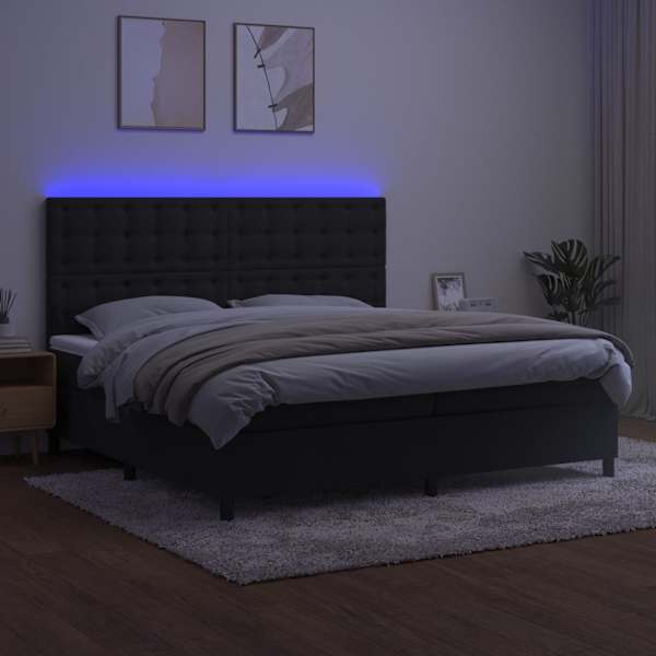 LED-valgustusega kontinentaalvoodi koos 2 madratsiga, must, 200 × 200 cm, samet — mudel 3136385