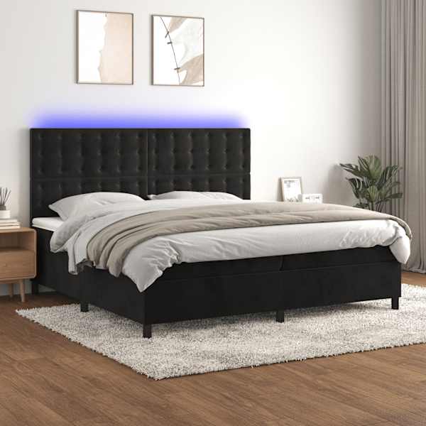 LED-valgustusega kontinentaalvoodi koos 2 madratsiga, must, 200 × 200 cm, samet — mudel 3136385