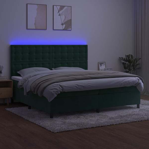 LED-valgustusega kontinentaalvoodi koos 2 madratsiga, tumeroheline, 200 × 200 cm, samet — mudel 3136386
