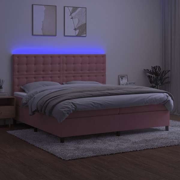 LED-valgustusega kontinentaalvoodi koos 2 madratsiga, roosa, 200 × 200 cm, samet — mudel 3136388