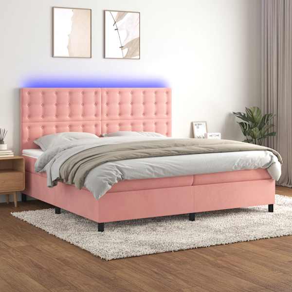 LED-valgustusega kontinentaalvoodi koos 2 madratsiga, roosa, 200 × 200 cm, samet — mudel 3136388