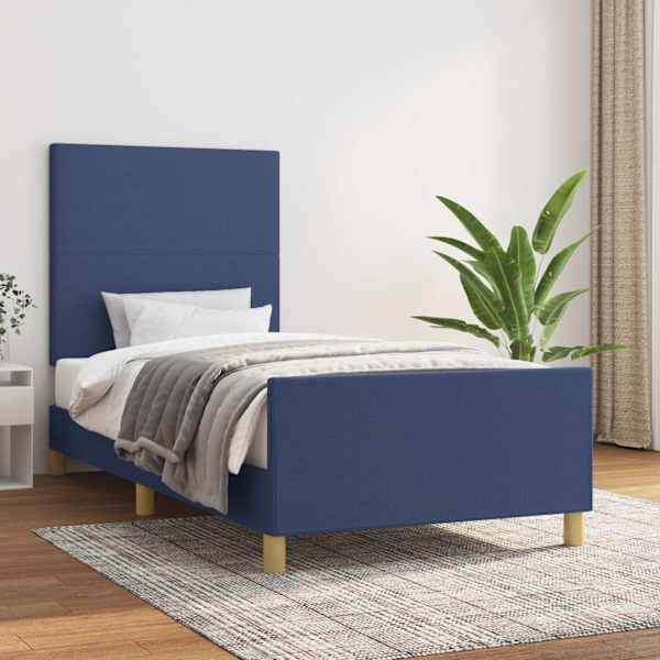 Voodiraam peatsiga, sinine, 90 × 190 cm, kangas — mudel 3124861