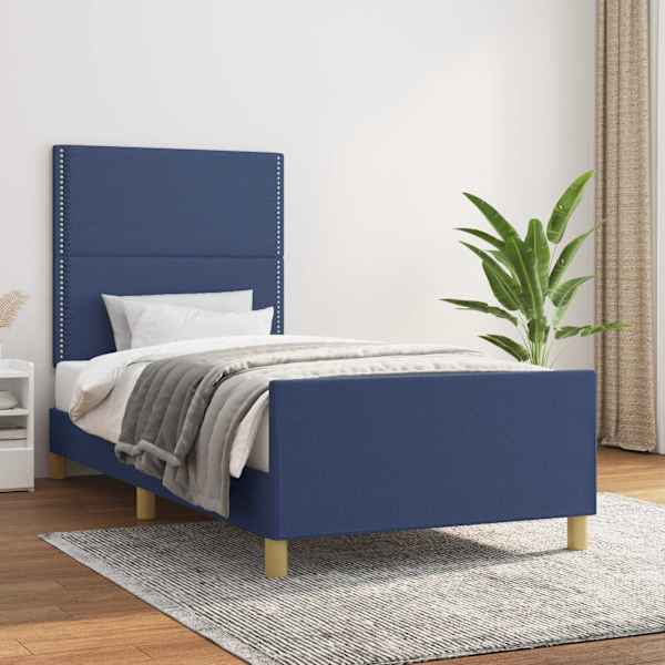 Voodiraam peatsiga, sinine, 90 × 200 cm, kangas — mudel 3124950