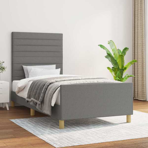 Voodiraam peatsiga, tumehall, 90 × 200 cm, kangas — mudel 3125107