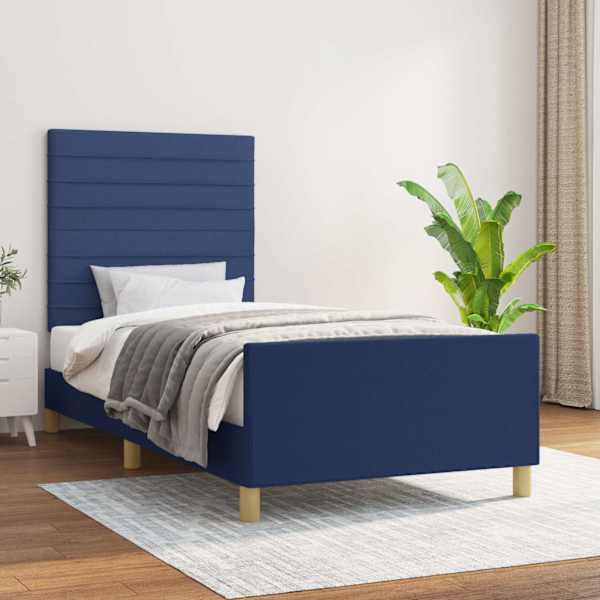 Voodiraam peatsiga, sinine, 90 × 200 cm, kangas — mudel 3125112