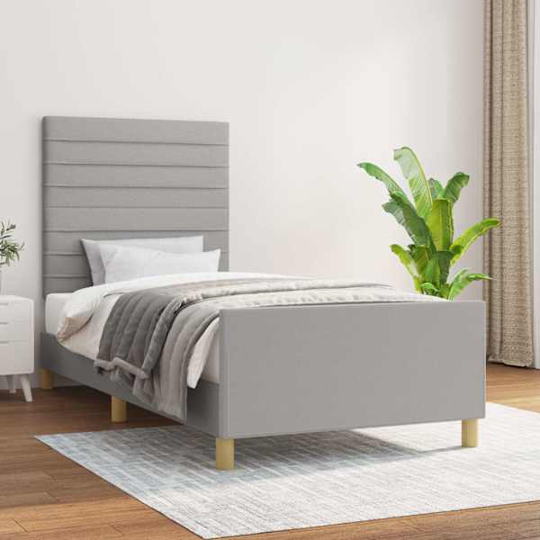Voodiraam peatsiga, helehall, 100 × 200 cm, kangas — mudel 3125114